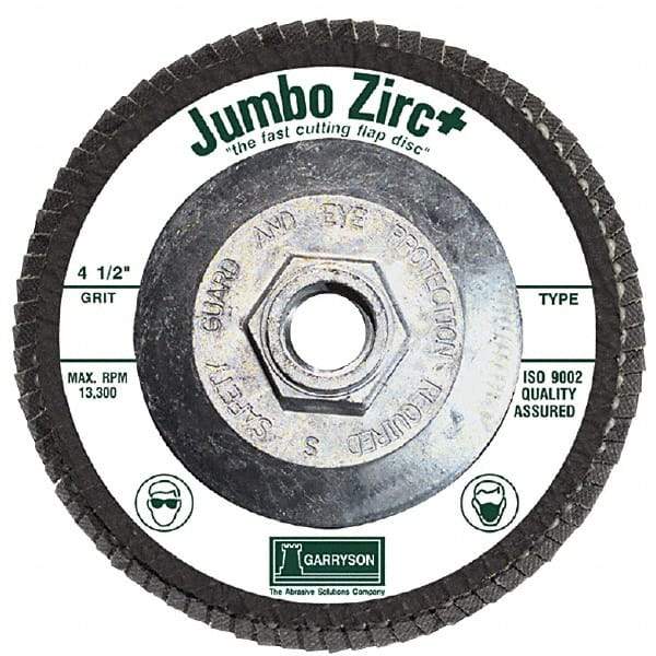 Garryson - 40 Grit, 7" Disc Diam, 5/8-11 Center Hole, Type 29 Zirconia Alumina Flap Disc - 8,600 Max RPM, Fiberglass Backing, Arbor Attaching System, Coated - Eagle Tool & Supply