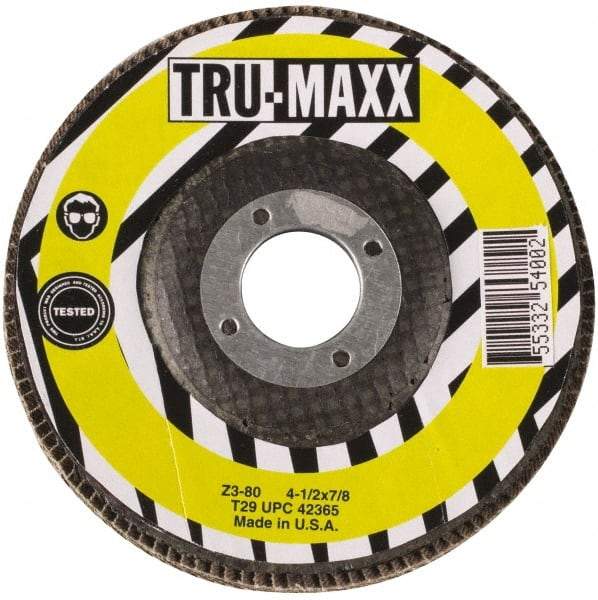 Tru-Maxx - 120 Grit, 4-1/2" Disc Diam, 7/8" Center Hole, Type 29 Flap Disc - 13,300 Max RPM, Arbor Attaching System, Coated - Eagle Tool & Supply
