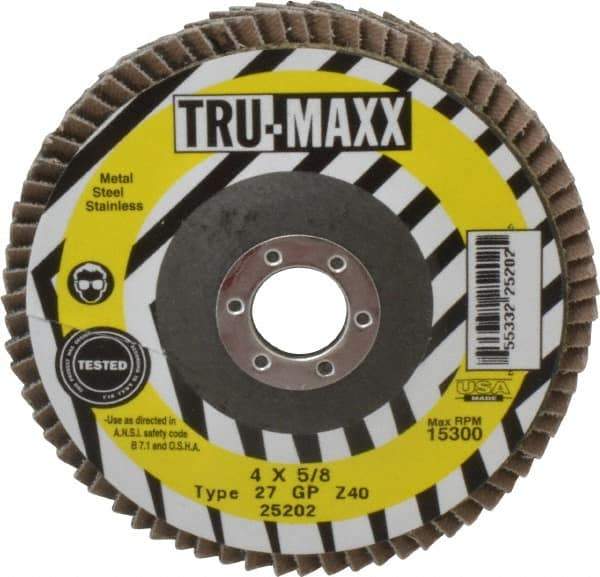 Tru-Maxx - 40 Grit, 4" Disc Diam, 5/8" Center Hole, Type 27 Zirconia Alumina Flap Disc - 15,300 Max RPM, Arbor Attaching System, Coated - Eagle Tool & Supply