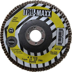 Tru-Maxx - 60 Grit, 4" Disc Diam, 5/8" Center Hole, Type 27 Zirconia Alumina Flap Disc - 15,300 Max RPM, Arbor Attaching System, Coated - Eagle Tool & Supply