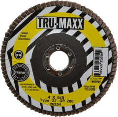 Tru-Maxx - 80 Grit, 4" Disc Diam, 5/8" Center Hole, Type 27 Zirconia Alumina Flap Disc - 15,300 Max RPM, Arbor Attaching System, Coated - Eagle Tool & Supply