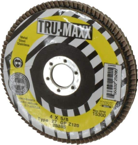 Tru-Maxx - 120 Grit, 4" Disc Diam, 5/8" Center Hole, Type 27 Zirconia Alumina Flap Disc - 15,300 Max RPM, Arbor Attaching System, Coated - Eagle Tool & Supply