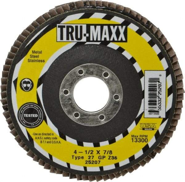 Tru-Maxx - 36 Grit, 4-1/2" Disc Diam, 7/8" Center Hole, Type 27 Zirconia Alumina Flap Disc - 13,300 Max RPM, Arbor Attaching System, Coated - Eagle Tool & Supply