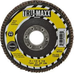 Tru-Maxx - 36 Grit, 4-1/2" Disc Diam, 7/8" Center Hole, Type 27 Zirconia Alumina Flap Disc - 13,300 Max RPM, Arbor Attaching System, Coated - Eagle Tool & Supply