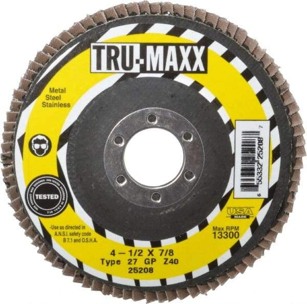 Tru-Maxx - 40 Grit, 4-1/2" Disc Diam, 7/8" Center Hole, Type 27 Zirconia Alumina Flap Disc - 13,300 Max RPM, Arbor Attaching System, Coated - Eagle Tool & Supply