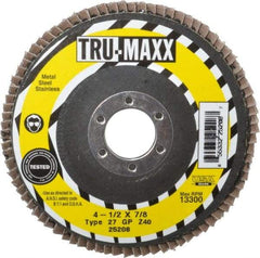 Tru-Maxx - 40 Grit, 4-1/2" Disc Diam, 7/8" Center Hole, Type 27 Zirconia Alumina Flap Disc - 13,300 Max RPM, Arbor Attaching System, Coated - Eagle Tool & Supply