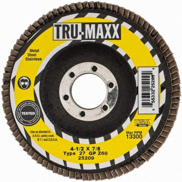 Tru-Maxx - 60 Grit, 4-1/2" Disc Diam, 7/8" Center Hole, Type 27 Zirconia Alumina Flap Disc - 13,300 Max RPM, Arbor Attaching System, Coated - Eagle Tool & Supply