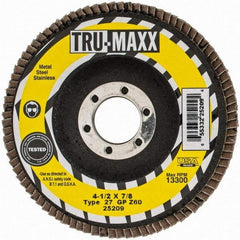 Tru-Maxx - 60 Grit, 4-1/2" Disc Diam, 7/8" Center Hole, Type 27 Zirconia Alumina Flap Disc - 13,300 Max RPM, Arbor Attaching System, Coated - Eagle Tool & Supply
