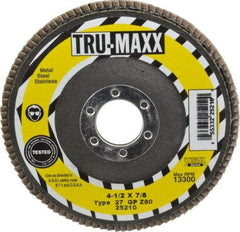 Tru-Maxx - 80 Grit, 4-1/2" Disc Diam, 7/8" Center Hole, Type 27 Zirconia Alumina Flap Disc - 13,300 Max RPM, Arbor Attaching System, Coated - Eagle Tool & Supply
