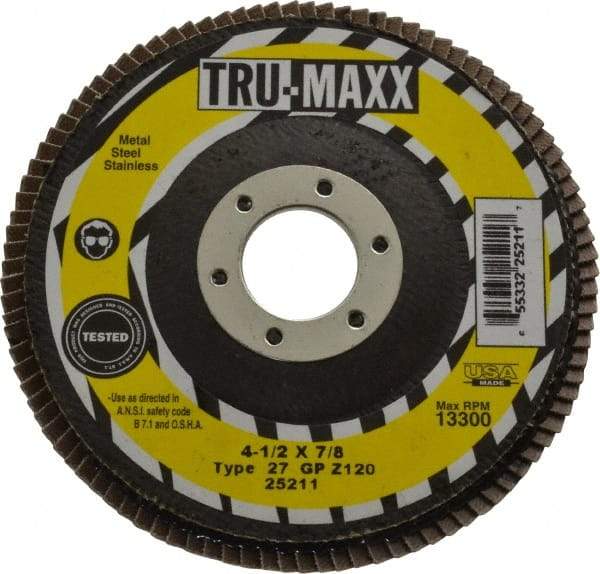 Tru-Maxx - 120 Grit, 4-1/2" Disc Diam, 7/8" Center Hole, Type 27 Zirconia Alumina Flap Disc - 13,300 Max RPM, Arbor Attaching System, Coated - Eagle Tool & Supply
