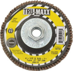 Tru-Maxx - 36 Grit, 4-1/2" Disc Diam, 5/8-11 Center Hole, Type 27 Zirconia Alumina Flap Disc - 13,300 Max RPM, Arbor Attaching System, Coated - Eagle Tool & Supply