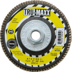Tru-Maxx - 40 Grit, 4-1/2" Disc Diam, 5/8-11 Center Hole, Type 27 Zirconia Alumina Flap Disc - 13,300 Max RPM, Arbor Attaching System, Coated - Eagle Tool & Supply