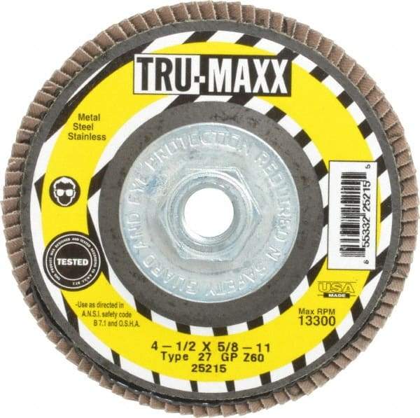 Tru-Maxx - 60 Grit, 4-1/2" Disc Diam, 5/8-11 Center Hole, Type 27 Zirconia Alumina Flap Disc - 13,300 Max RPM, Arbor Attaching System, Coated - Eagle Tool & Supply