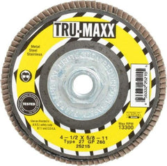 Tru-Maxx - 60 Grit, 4-1/2" Disc Diam, 5/8-11 Center Hole, Type 27 Zirconia Alumina Flap Disc - 13,300 Max RPM, Arbor Attaching System, Coated - Eagle Tool & Supply