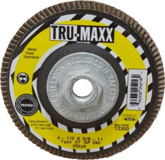 Tru-Maxx - 80 Grit, 4-1/2" Disc Diam, 5/8-11 Center Hole, Type 27 Zirconia Alumina Flap Disc - 13,300 Max RPM, Arbor Attaching System, Coated - Eagle Tool & Supply