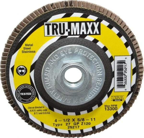 Tru-Maxx - 120 Grit, 4-1/2" Disc Diam, 5/8-11 Center Hole, Type 27 Zirconia Alumina Flap Disc - 13,300 Max RPM, Arbor Attaching System, Coated - Eagle Tool & Supply