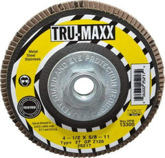 Tru-Maxx - 120 Grit, 4-1/2" Disc Diam, 5/8-11 Center Hole, Type 27 Zirconia Alumina Flap Disc - 13,300 Max RPM, Arbor Attaching System, Coated - Eagle Tool & Supply
