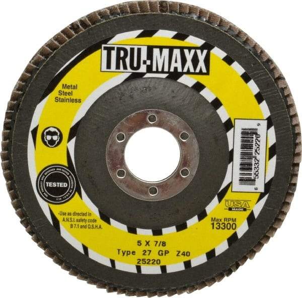 Tru-Maxx - 40 Grit, 5" Disc Diam, 7/8" Center Hole, Type 27 Zirconia Alumina Flap Disc - 12,200 Max RPM, Arbor Attaching System, Coated - Eagle Tool & Supply