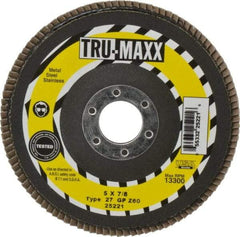 Tru-Maxx - 60 Grit, 5" Disc Diam, 7/8" Center Hole, Type 27 Zirconia Alumina Flap Disc - 12,200 Max RPM, Arbor Attaching System, Coated - Eagle Tool & Supply