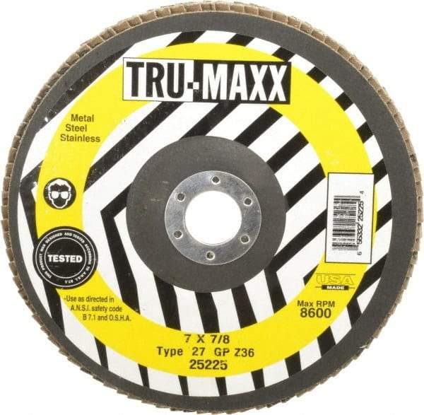 Tru-Maxx - 36 Grit, 7" Disc Diam, 7/8" Center Hole, Type 27 Zirconia Alumina Flap Disc - 8,600 Max RPM, Arbor Attaching System, Coated - Eagle Tool & Supply