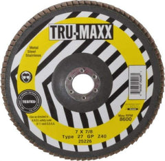 Tru-Maxx - 40 Grit, 7" Disc Diam, 7/8" Center Hole, Type 27 Zirconia Alumina Flap Disc - 8,600 Max RPM, Arbor Attaching System, Coated - Eagle Tool & Supply