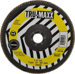 Tru-Maxx - 80 Grit, 7" Disc Diam, 7/8" Center Hole, Type 27 Zirconia Alumina Flap Disc - 8,600 Max RPM, Arbor Attaching System, Coated - Eagle Tool & Supply