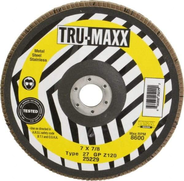 Tru-Maxx - 120 Grit, 7" Disc Diam, 7/8" Center Hole, Type 27 Zirconia Alumina Flap Disc - 8,600 Max RPM, Arbor Attaching System, Coated - Eagle Tool & Supply