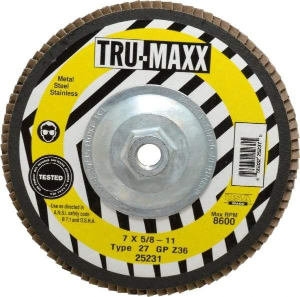 Tru-Maxx - 36 Grit, 7" Disc Diam, 5/8-11 Center Hole, Type 27 Zirconia Alumina Flap Disc - 8,600 Max RPM, Arbor Attaching System, Coated - Eagle Tool & Supply