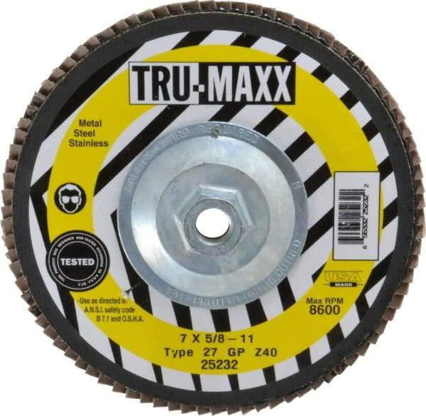 Tru-Maxx - 40 Grit, 7" Disc Diam, 5/8-11 Center Hole, Type 27 Zirconia Alumina Flap Disc - 8,600 Max RPM, Arbor Attaching System, Coated - Eagle Tool & Supply