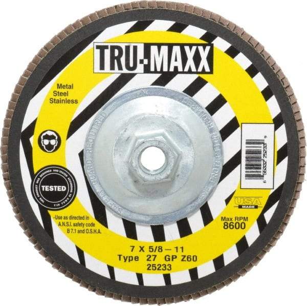 Tru-Maxx - 60 Grit, 7" Disc Diam, 5/8-11 Center Hole, Type 27 Zirconia Alumina Flap Disc - 8,600 Max RPM, Arbor Attaching System, Coated - Eagle Tool & Supply