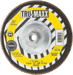 Tru-Maxx - 120 Grit, 7" Disc Diam, 5/8-11 Center Hole, Type 27 Zirconia Alumina Flap Disc - 8,600 Max RPM, Arbor Attaching System, Coated - Eagle Tool & Supply