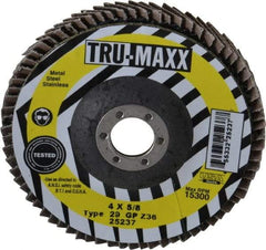 Tru-Maxx - 36 Grit, 4" Disc Diam, 5/8" Center Hole, Type 29 Zirconia Alumina Flap Disc - 15,300 Max RPM, Arbor Attaching System, Coated - Eagle Tool & Supply