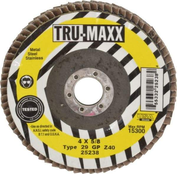 Tru-Maxx - 40 Grit, 4" Disc Diam, 5/8" Center Hole, Type 29 Zirconia Alumina Flap Disc - 15,300 Max RPM, Arbor Attaching System, Coated - Eagle Tool & Supply