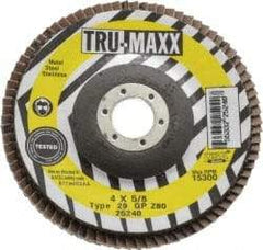 Tru-Maxx - 80 Grit, 4" Disc Diam, 5/8" Center Hole, Type 29 Zirconia Alumina Flap Disc - 15,300 Max RPM, Arbor Attaching System, Coated - Eagle Tool & Supply