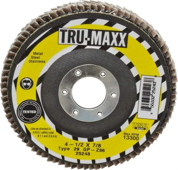 Tru-Maxx - 36 Grit, 4-1/2" Disc Diam, 7/8" Center Hole, Type 29 Zirconia Alumina Flap Disc - 13,300 Max RPM, Arbor Attaching System, Coated - Eagle Tool & Supply