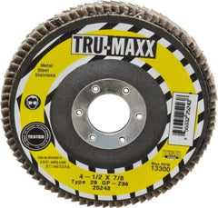 Tru-Maxx - 36 Grit, 4-1/2" Disc Diam, 7/8" Center Hole, Type 29 Zirconia Alumina Flap Disc - 13,300 Max RPM, Arbor Attaching System, Coated - Eagle Tool & Supply