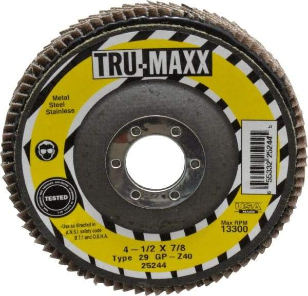 Tru-Maxx - 40 Grit, 4-1/2" Disc Diam, 7/8" Center Hole, Type 29 Zirconia Alumina Flap Disc - 13,300 Max RPM, Arbor Attaching System, Coated - Eagle Tool & Supply