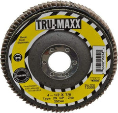 Tru-Maxx - 40 Grit, 4-1/2" Disc Diam, 7/8" Center Hole, Type 29 Zirconia Alumina Flap Disc - 13,300 Max RPM, Arbor Attaching System, Coated - Eagle Tool & Supply