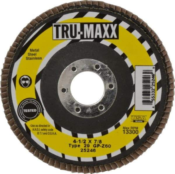 Tru-Maxx - 60 Grit, 4-1/2" Disc Diam, 7/8" Center Hole, Type 29 Zirconia Alumina Flap Disc - 13,300 Max RPM, Arbor Attaching System, Coated - Eagle Tool & Supply