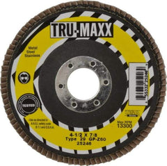 Tru-Maxx - 60 Grit, 4-1/2" Disc Diam, 7/8" Center Hole, Type 29 Zirconia Alumina Flap Disc - 13,300 Max RPM, Arbor Attaching System, Coated - Eagle Tool & Supply