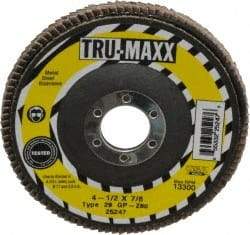 Tru-Maxx - 80 Grit, 4-1/2" Disc Diam, 7/8" Center Hole, Type 29 Zirconia Alumina Flap Disc - 13,300 Max RPM, Arbor Attaching System, Coated - Eagle Tool & Supply