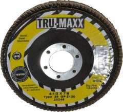 Tru-Maxx - 120 Grit, 4-1/2" Disc Diam, 7/8" Center Hole, Type 29 Zirconia Alumina Flap Disc - 13,300 Max RPM, Arbor Attaching System, Coated - Eagle Tool & Supply