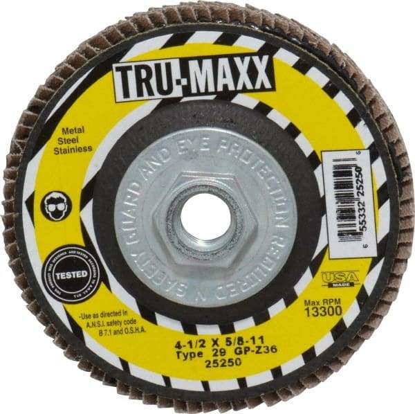 Tru-Maxx - 36 Grit, 4-1/2" Disc Diam, 5/8-11 Center Hole, Type 29 Zirconia Alumina Flap Disc - 13,300 Max RPM, Arbor Attaching System, Coated - Eagle Tool & Supply