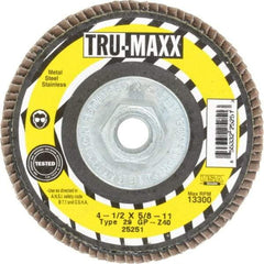 Tru-Maxx - 40 Grit, 4-1/2" Disc Diam, 5/8-11 Center Hole, Type 29 Zirconia Alumina Flap Disc - 13,300 Max RPM, Arbor Attaching System, Coated - Eagle Tool & Supply