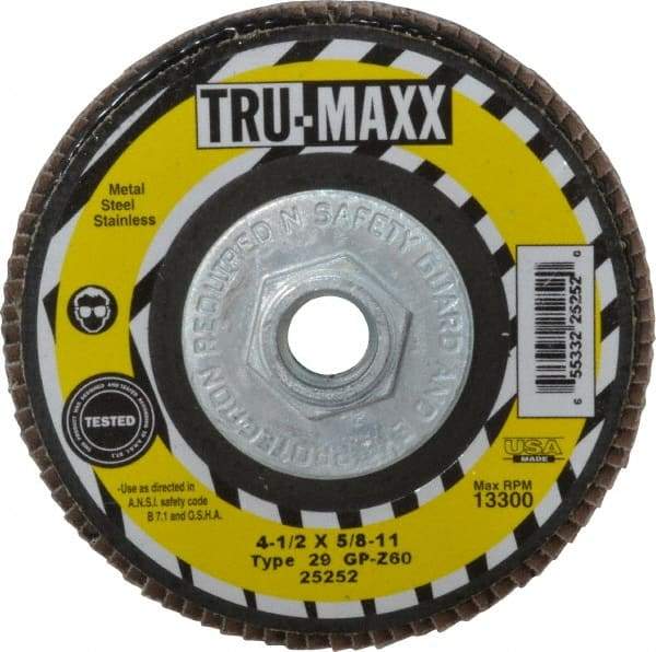 Tru-Maxx - 60 Grit, 4-1/2" Disc Diam, 5/8-11 Center Hole, Type 29 Zirconia Alumina Flap Disc - 13,300 Max RPM, Arbor Attaching System, Coated - Eagle Tool & Supply