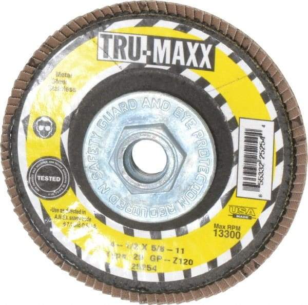 Tru-Maxx - 120 Grit, 4-1/2" Disc Diam, 5/8-11 Center Hole, Type 29 Zirconia Alumina Flap Disc - 13,300 Max RPM, Arbor Attaching System, Coated - Eagle Tool & Supply