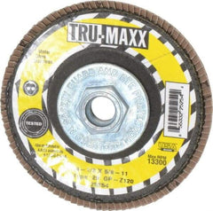 Tru-Maxx - 120 Grit, 4-1/2" Disc Diam, 5/8-11 Center Hole, Type 29 Zirconia Alumina Flap Disc - 13,300 Max RPM, Arbor Attaching System, Coated - Eagle Tool & Supply