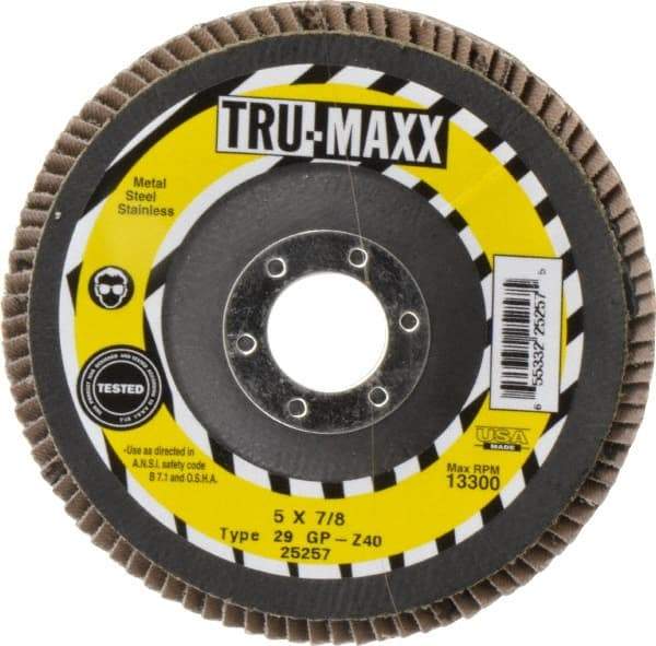 Tru-Maxx - 40 Grit, 5" Disc Diam, 7/8" Center Hole, Type 29 Zirconia Alumina Flap Disc - 12,200 Max RPM, Arbor Attaching System, Coated - Eagle Tool & Supply