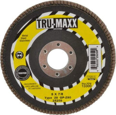 Tru-Maxx - 80 Grit, 5" Disc Diam, 7/8" Center Hole, Type 29 Zirconia Alumina Flap Disc - 12,200 Max RPM, Arbor Attaching System, Coated - Eagle Tool & Supply