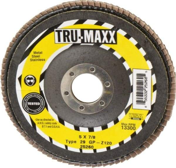Tru-Maxx - 120 Grit, 5" Disc Diam, 7/8" Center Hole, Type 29 Zirconia Alumina Flap Disc - 12,200 Max RPM, Arbor Attaching System, Coated - Eagle Tool & Supply